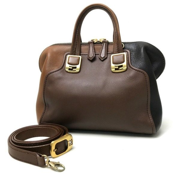 Authentic FENDI Chameleon Hand Bag Shoulder Bag 2way bag Brown Leather